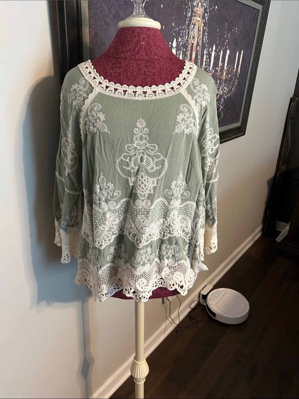 Democracy Sage Green Embroidered Tunic with White Lace Trim